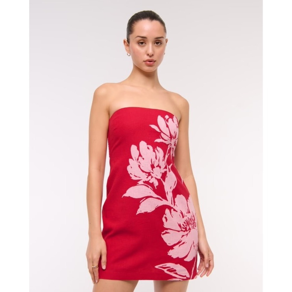 Abercrombie & Fitch Red Floral Linen Blend Strapless Mini Dress Skort LP